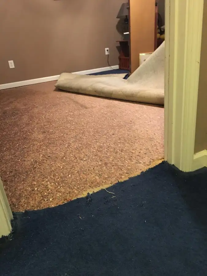 Carpet pad removal revealing water damage during Drying & Dehumidification in North Lebanon