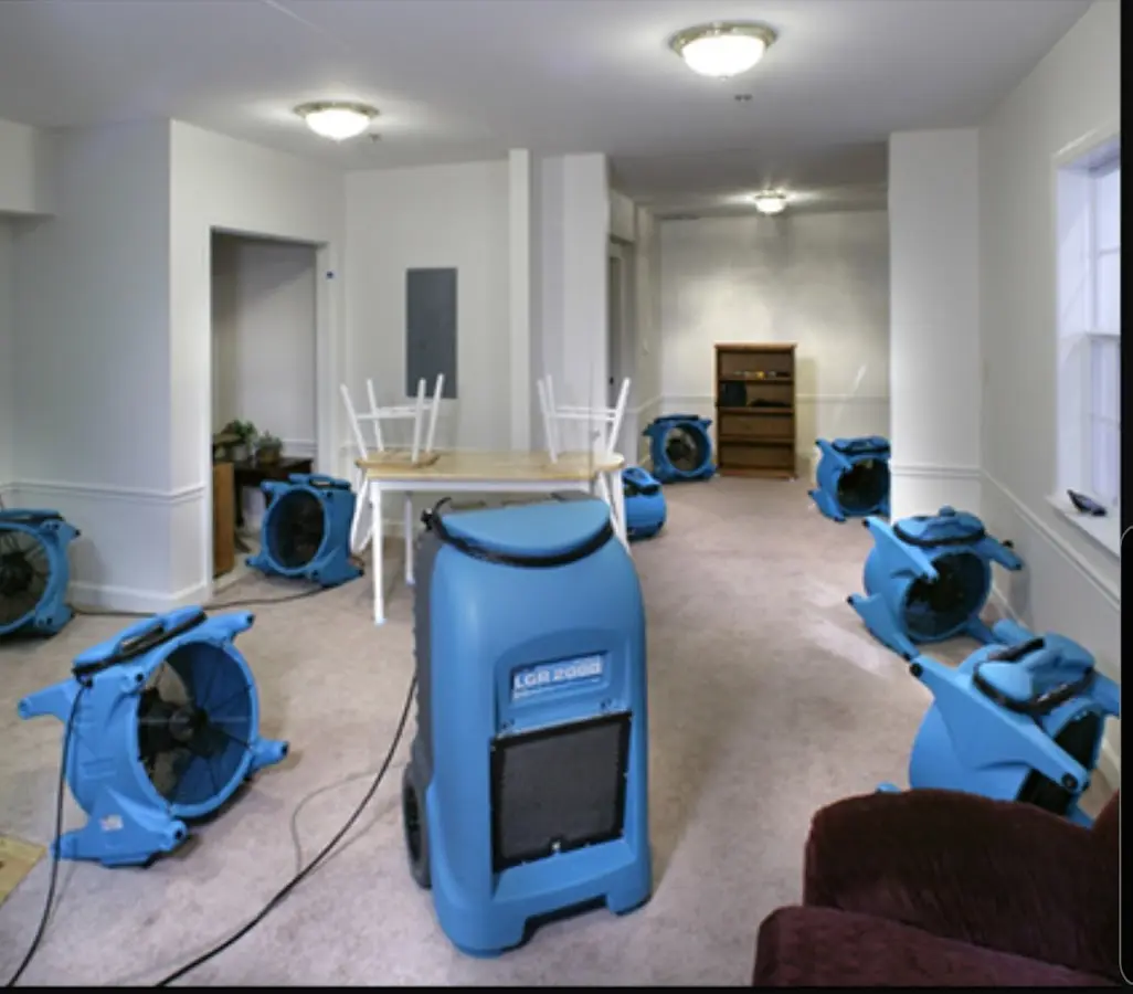 Air movers and dehumidifier setup for Water Damage Restoration in North Lebanon